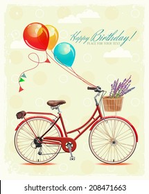 Birthday greeting card with bicycle and balloons in vintage style. Vector illustration.