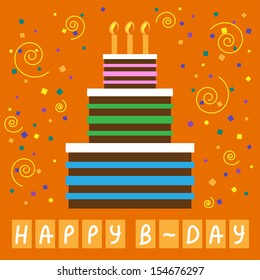 Birthday greeting card with big cake, candles and confetti. Vector illustration.