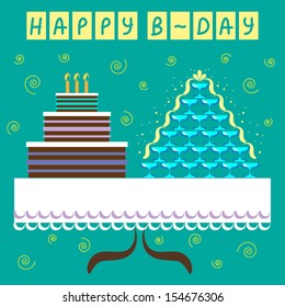 Birthday greeting card with big cake and champagne on the table. Vector illustration.