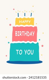 Birthday greeting card with big cake with candles in retro style. Flat style. Vector illustration.