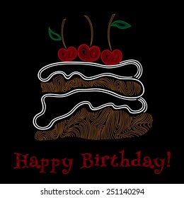 Birthday greeting card with big cake and cherry on the black background. Vector illustration.