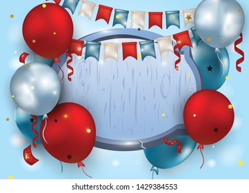 Birthday greeting card with blue and red balloons, confetti, flag garland, blue wooden signboard for text. Banner for party, promotions, sales, events. Vector illustrations.