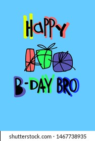 Birthday greeting card for boys. Cartoon-style multicolored lettering on a blue background with hand drawn gifts
