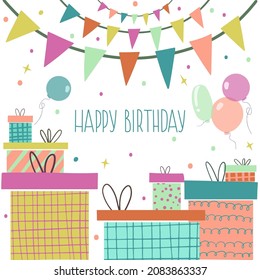 Birthday greeting card in bright colors with gift boxes