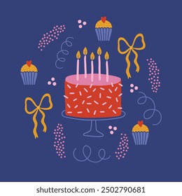 Birthday greeting card with cake, candles, bow, cupcakes, serpentine, confetti on violet background. Circle ornament in scandinavian style. Vector illustration