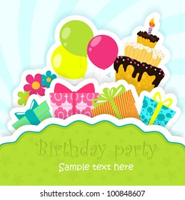 Birthday greeting card with cake, gifts, balloons and flowers, stylized like paper card