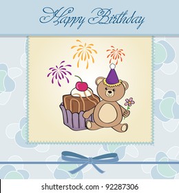 birthday greeting card with cake and teddy bear