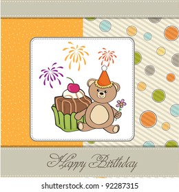 birthday greeting card with cake and teddy bear