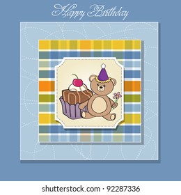 birthday greeting card with cake and teddy bear