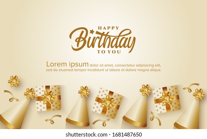 Birthday greeting card with cap, ribbon and gift box background