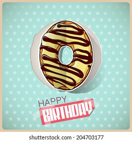 Birthday greeting card with cartoon donut cut out from paper. Vector collection.