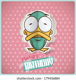 Birthday greeting card with cartoon duck character cut out from paper. Vector collection.
