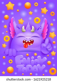 Birthday greeting card with cartoon emoji purple monster character. Vector illustration