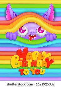 Birthday greeting card with cartoon emoji purple monster character. Vector illustration