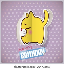 Birthday greeting card with cartoon kitty character cut out from paper. Vector collection.