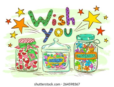 Birthday greeting card with cartoon mason jars and funny wishes