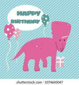 Birthday greeting card with  cartoon pink dinosaur with gift and ballons.  Cute vector party illustartion.