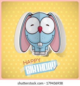 Birthday greeting card with cartoon rabbit character cut out from paper. Vector collection.