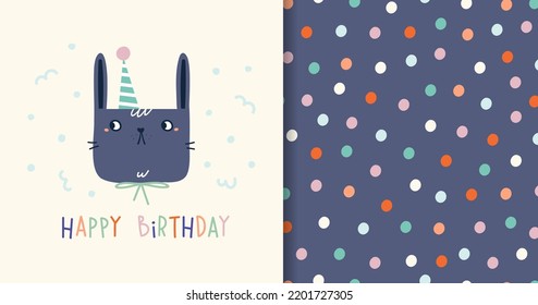 Birthday greeting card with cartoon rabbit in party hat. Vector seamless pattern with multicolored confetti.