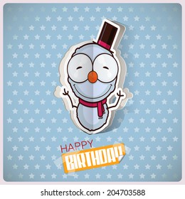 Birthday greeting card with cartoon snowman character cut out from paper. Vector collection.