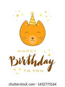 Birthday greeting card in cartoon style. Head of kitty in party hat with lettering Happy Birthday and stars. Fun animal isolated on white background, can be used for card, children's clothing design, 