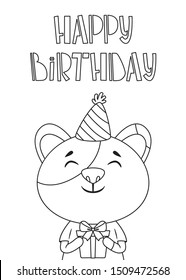 Birthday greeting card with a cat and hand drawn lettering. Vector illustration. A cat in a festive cap with present. Postcard with calligraphy. Black and white illustration for coloring book.