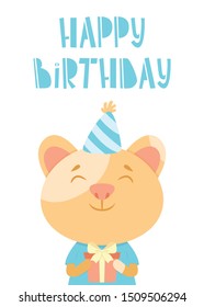 Birthday greeting card with a cat and hand drawn lettering. Vector illustration. A cat in a festive cap with present. Postcard with calligraphy. Anniversary greeting card with handwritten text.