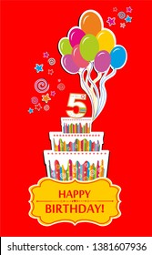 Birthday greeting card. Celebration red background with number five, balloon, cake and place for your text. Horizontal banner. Greeting, invitation card or flyer. vector illustration