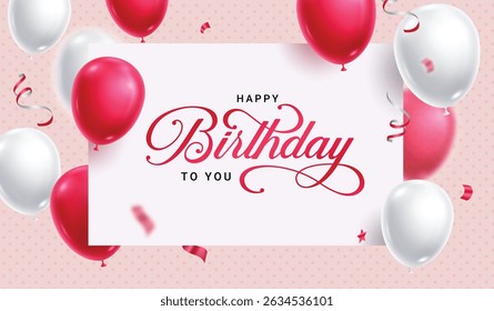 Birthday greeting card clipart banner. Happy birthday wishes in border frame clip art with white and red balloons decoration elements in pattern background vector illustration. 
