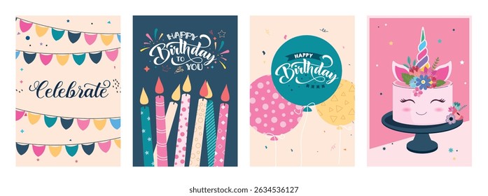 Birthday greeting card clipart poster set. Happy birthday invitation and wishes template clip art collection with cake, candle and pennants party decoration vector illustration. 
