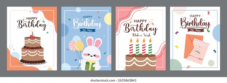 Birthday greeting card clipart poster set. Happy birthday wishes clip art with cake, teddy bear, balloons and envelope decoration elements collection vector illustration. 
