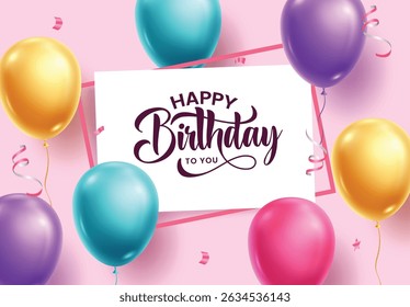 Birthday greeting card clipart template. Happy birthday invitation and wishes text in frame with colorful balloons elements floating clip art in pink background vector illustration. 
