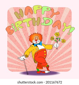 birthday greeting card with clown, vector illustration