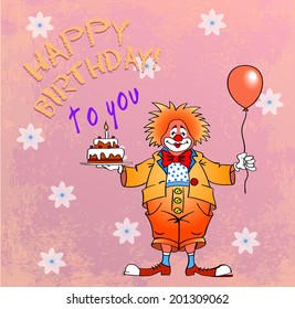 birthday greeting card with clown, vector illustration