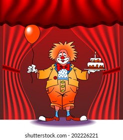 birthday greeting card with clown, vector illustration