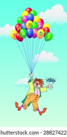 birthday greeting card with clown, vector illustration