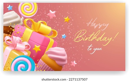 Birthday greeting card with colored gift boxes. Multicolored, glossy 3d gifts with beautiful bows, cupcakes and lollipops, golden tinsel on pink background. Vector realistic illustration