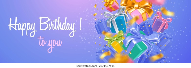 Birthday greeting card with colored gift boxes. Multicolored, glossy 3d gifts with beautiful bows flying and falling with golden tinsel on blue background. Vector realistic illustration