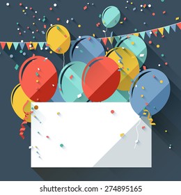 Birthday greeting card with colorful balloons and place for your text - flat design style