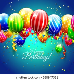 Birthday greeting card with colorful balloons and confetti