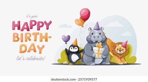 Birthday greeting card with a colorful cute penguin, hippopotamus, and lion, featuring a banner design with animals, gifts, and air balloons, vector illustration on a white background