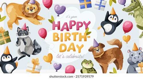 Birthday greeting card with a colorful cute animals, featuring a banner design with gifts and air balloons, vector illustration on a soft blue background