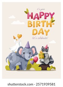 Birthday greeting card with a colorful cute elephant, raccoon and goose, featuring gifts and air balloons, vector illustration on a beige background