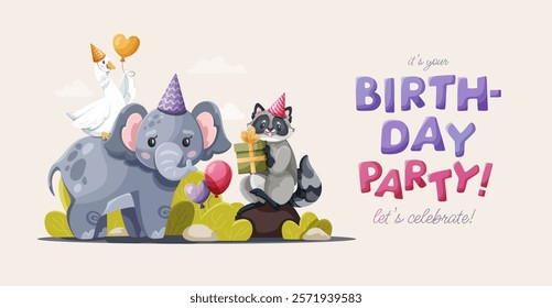 Birthday greeting card with a colorful cute penguin, hippopotamus, and lion, featuring a party banner design with animals, gifts and air balloons, vector illustration on a beige background