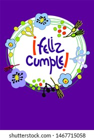 Birthday greeting card, with colorful floral decoration in naive art style. Text in Spanish says Happy Birthday