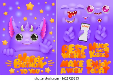 Birthday greeting card creation kit with purple monster cartoon character with various emotions. Vector bundle. Diy collection