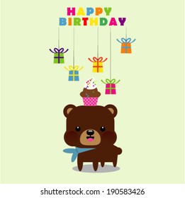 birthday greeting card with cupcake and cute bear 