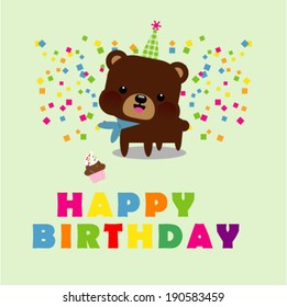 birthday greeting card with cupcake and cute bear 