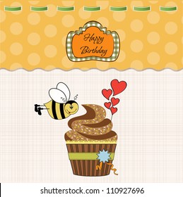 birthday greeting card with cupcake and funny bee