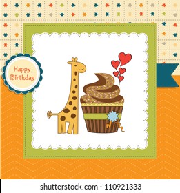 birthday greeting card with cupcake and giraffe